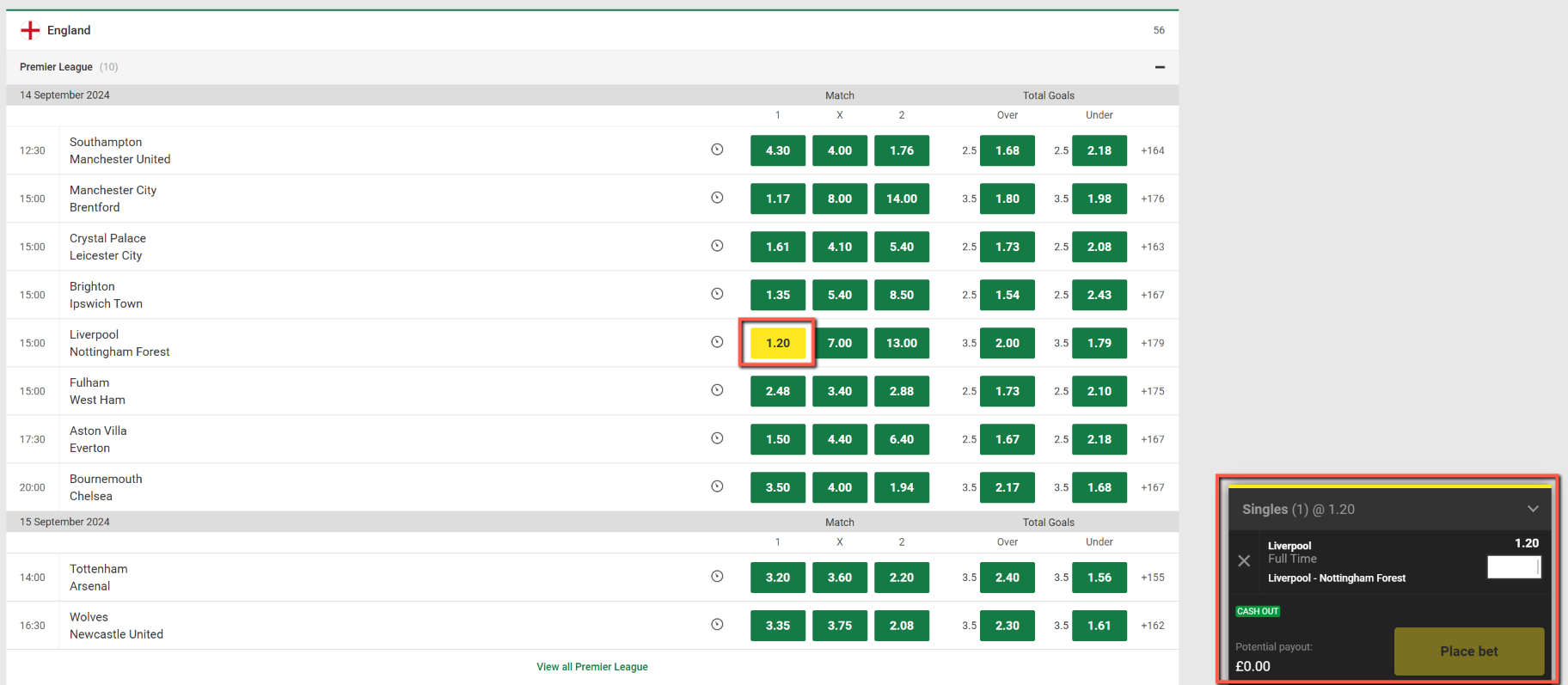 Screenshot of Unibet markets for Premier League with a bet selected for Liverpool to win.